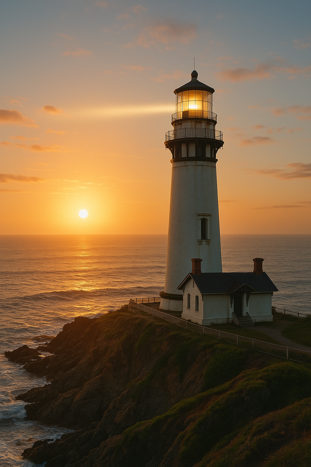 Lighthouse shining over the coastal rocks at sunset